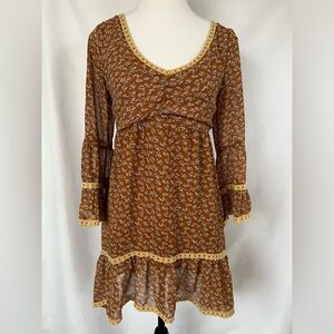 Blu Pepper Women’s Floral Bohemian Bell Sleeve Flowy Blouse - Brown Size Small